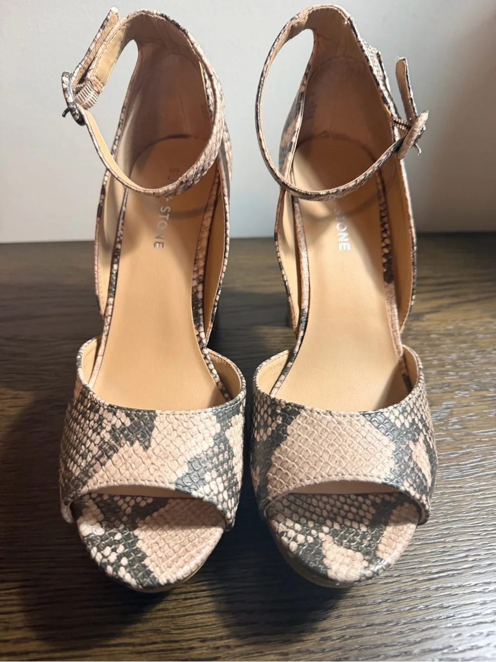 Sun + Stone Tan and Gray Snake-Print Ankle Strap Heels